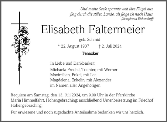Traueranzeige von Elisabeth Faltermeier von Mittelbayerische Zeitung Regensburg