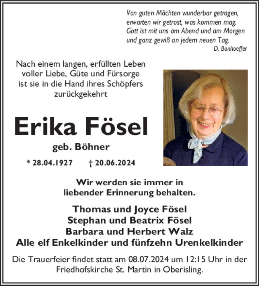  Traueranzeige für Erika Fösel vom 03.07.2024 aus Mittelbayerische Zeitung Regensburg