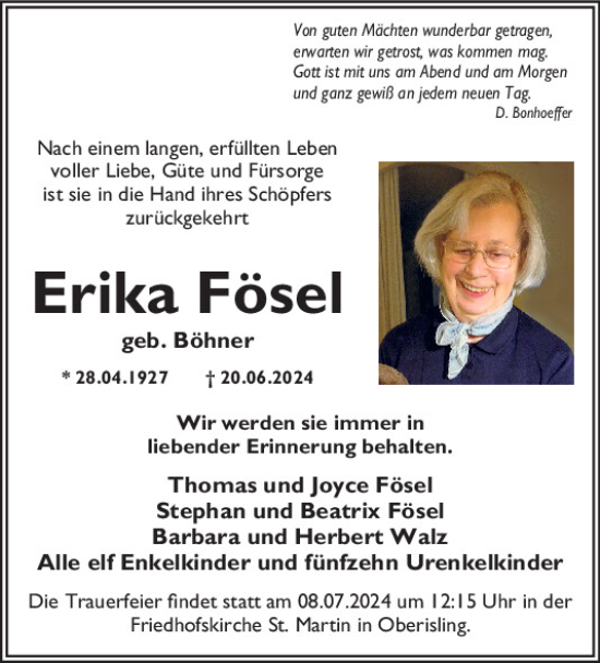 Traueranzeige von Erika Fösel von Mittelbayerische Zeitung Regensburg