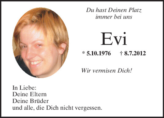 Traueranzeige von Evi  von Mittelbayerische Zeitung Schwandorf