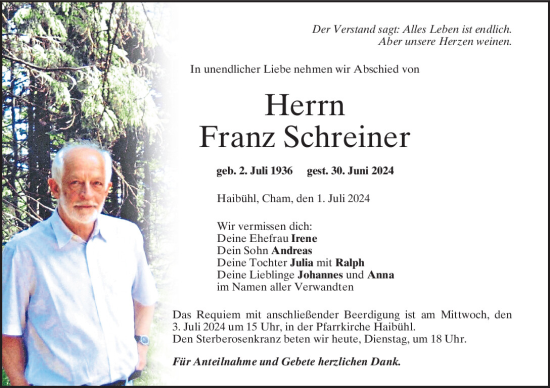 Traueranzeige von Franz Schreiner von Bayerwald Echo