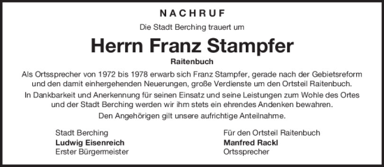 Traueranzeige von Franz Stampfer von Neumarkter Tagblatt