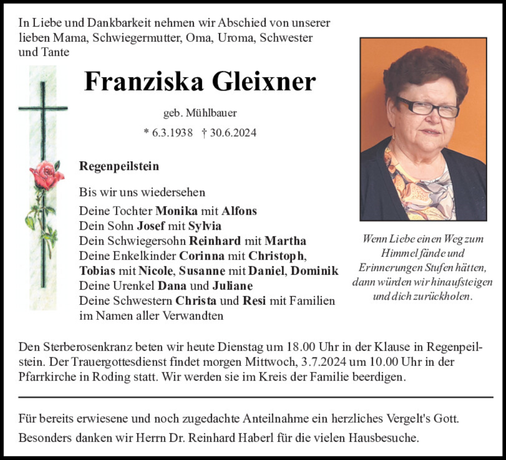  Traueranzeige für Franziska Gleixner vom 02.07.2024 aus Bayerwald Echo