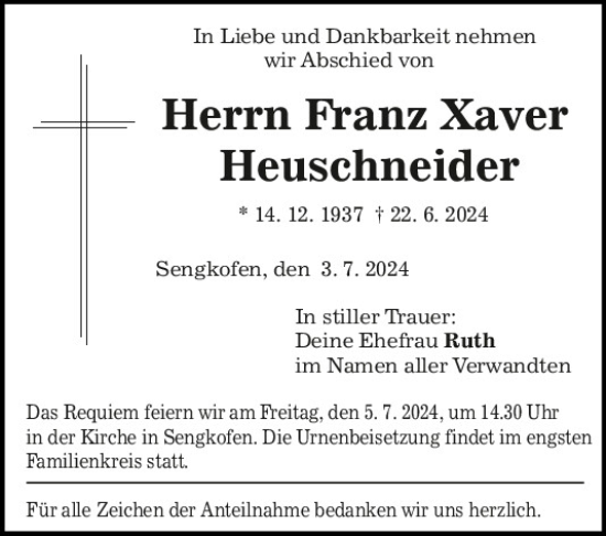 Traueranzeige von Franz Xaver Heuschneider von Mittelbayerische Zeitung Regensburg
