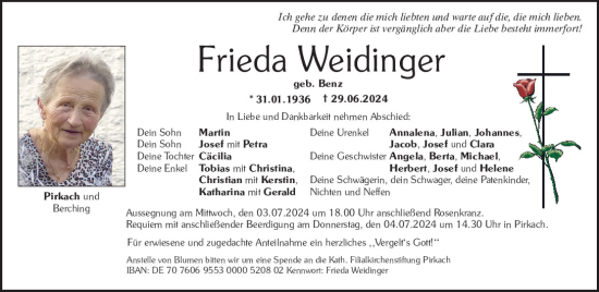 Traueranzeige von Frieda Weidinger von Neumarkter Tagblatt