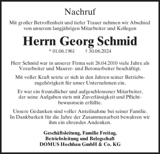 Traueranzeige von Georg Schmid von Neumarkter Tagblatt