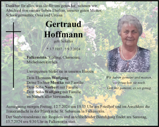 Traueranzeige von Gertraud Hoffmann von Bayerwald Echo