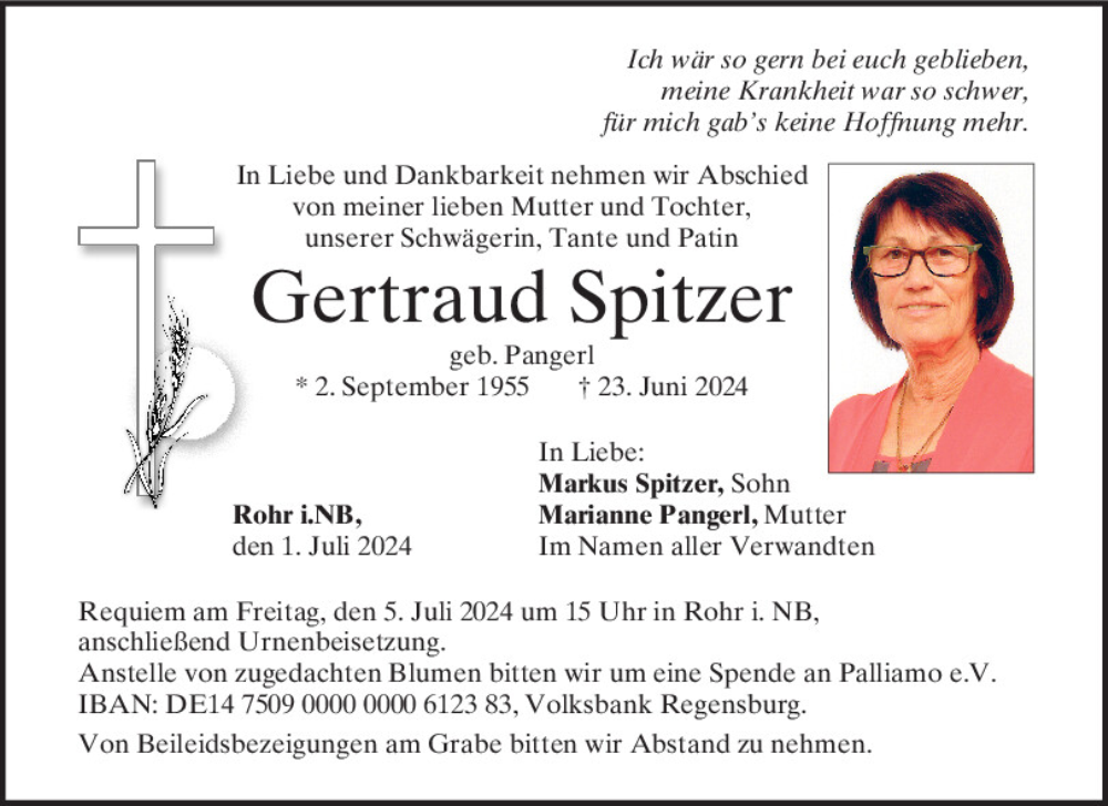 Traueranzeige für Gertraud Spitzer vom 02.07.2024 aus Mittelbayerische Zeitung Kelheim