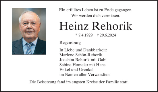 Traueranzeige von Heinz Rehorik von Mittelbayerische Zeitung Regensburg