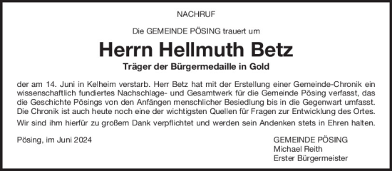 Traueranzeige von Hellmuth Betz von Bayerwald Echo
