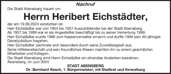 Traueranzeige von Heribert Eichstädter von Mittelbayerische Zeitung Kelheim