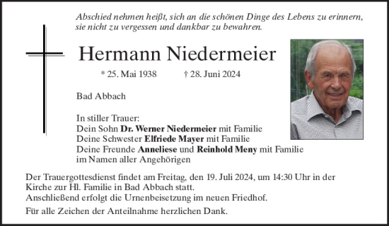 Traueranzeige von Hermann Niedermeier von Mittelbayerische Zeitung Regensburg