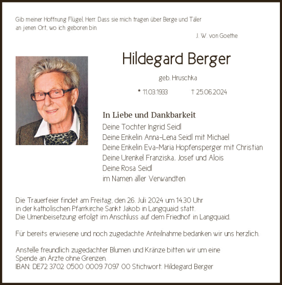 Traueranzeige von Hildegard Berger von Mittelbayerische Zeitung Kelheim