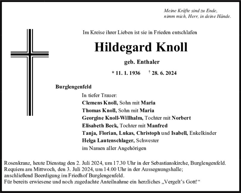  Traueranzeige für Hildegard Knoll vom 02.07.2024 aus Mittelbayerische Zeitung Schwandorf