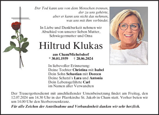 Traueranzeige von Hiltrud Klukas von Bayerwald Echo