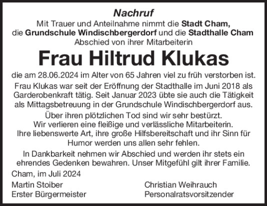Traueranzeige von Hiltrud Klukas von Bayerwald Echo