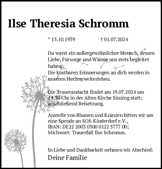 Traueranzeige von Ilse Theresia Schromm von Mittelbayerische Zeitung Regensburg