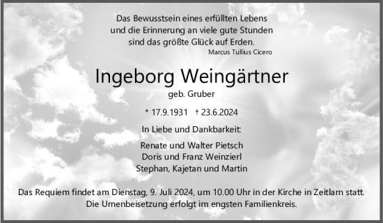 Traueranzeige von Ingeborg Weingärtner von Mittelbayerische Zeitung Regensburg