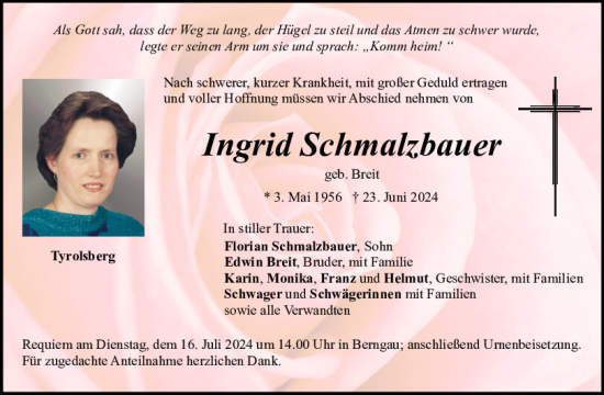 Traueranzeige von Ingrid Schmalzbauer von Neumarkter Tagblatt