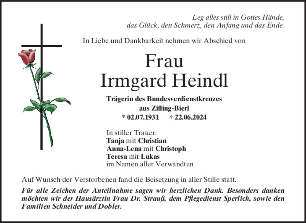  Traueranzeige für Irmgard Heindl vom 03.07.2024 aus Bayerwald Echo