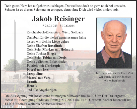 Traueranzeige von Jakob Reisinger von Bayerwald Echo