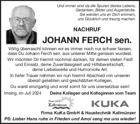 Traueranzeige von Johann Ferch von Mittelbayerische Zeitung Kelheim