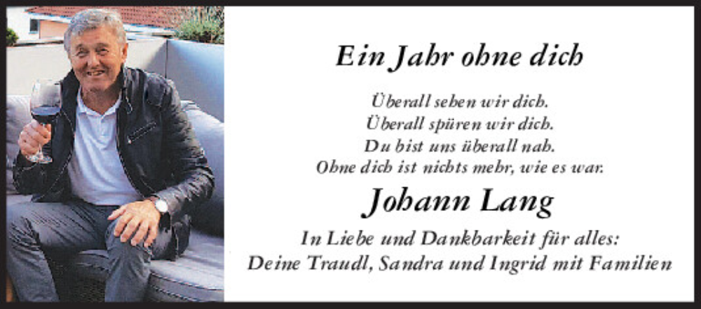  Traueranzeige für Johann Lang vom 03.07.2024 aus Neumarkter Tagblatt