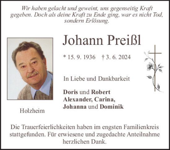Traueranzeige von Johann Preißl von Neumarkter Tagblatt