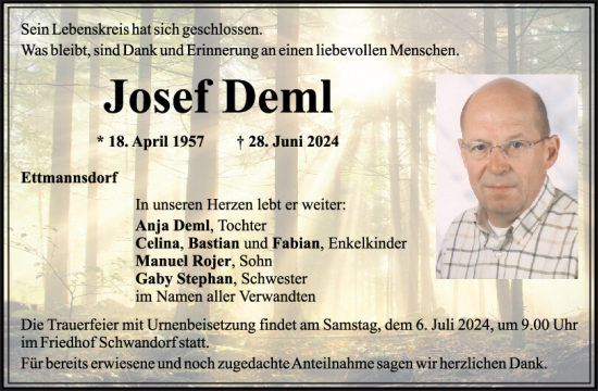 Traueranzeige von Josef Deml von Mittelbayerische Zeitung Schwandorf