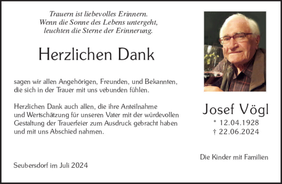 Traueranzeige von Josef Vögl von Neumarkter Tagblatt