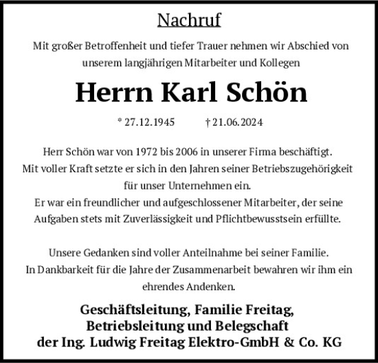 Traueranzeige von Karl Schön von Neumarkter Tagblatt