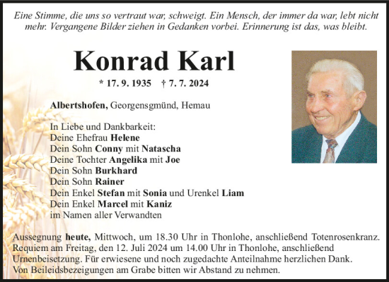 Traueranzeige von Konrad Karl von Mittelbayerische Zeitung Regensburg