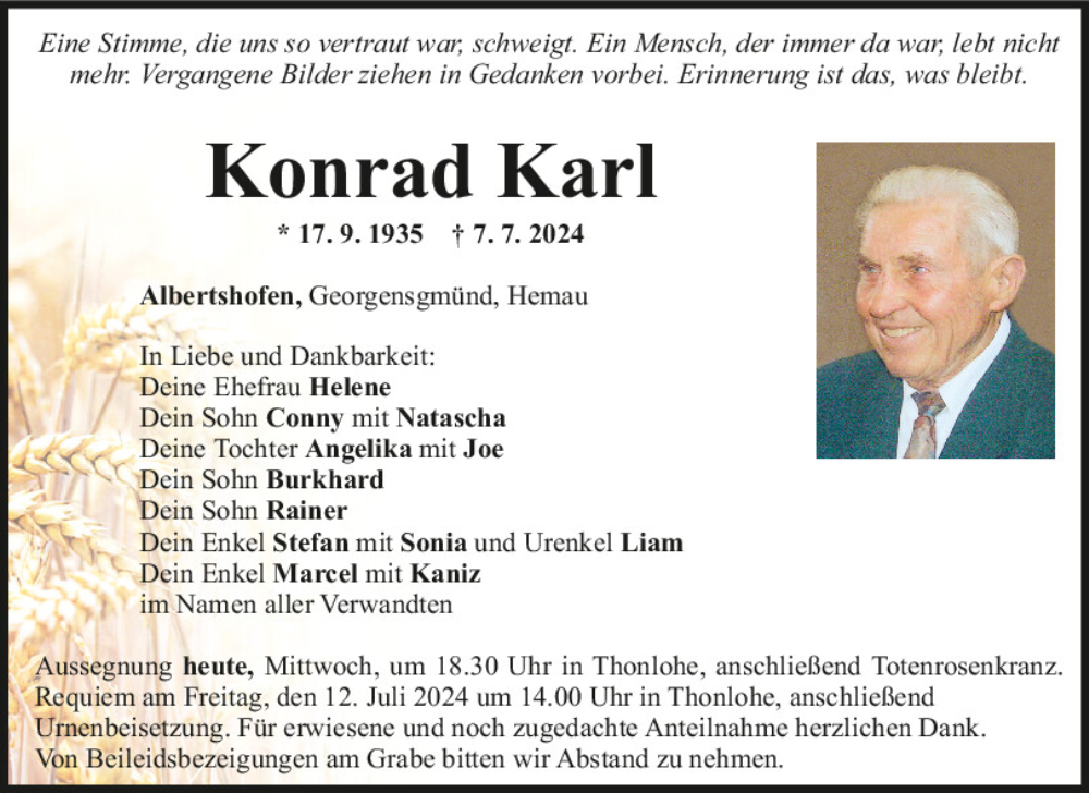  Traueranzeige für Konrad Karl vom 10.07.2024 aus Mittelbayerische Zeitung Regensburg