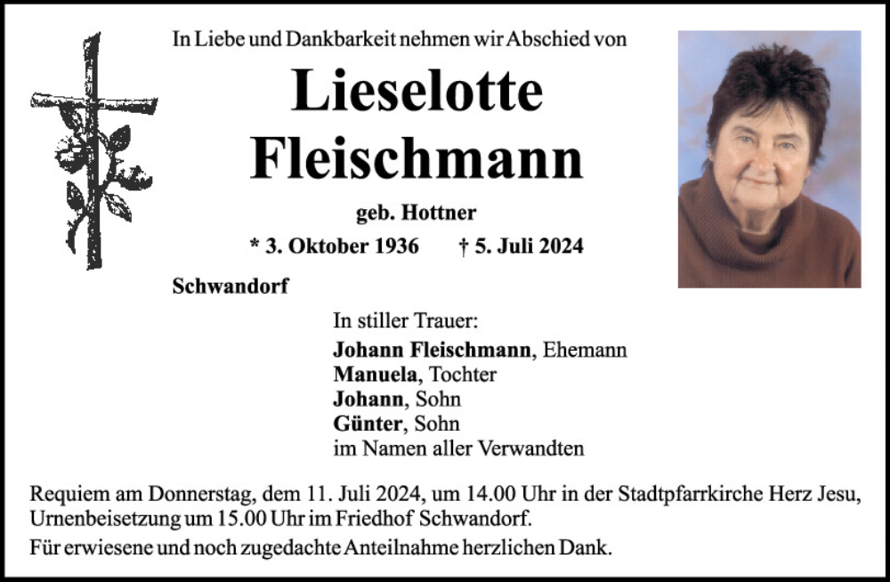  Traueranzeige für Lieselotte  Fleischmann vom 09.07.2024 aus Mittelbayerische Zeitung Schwandorf