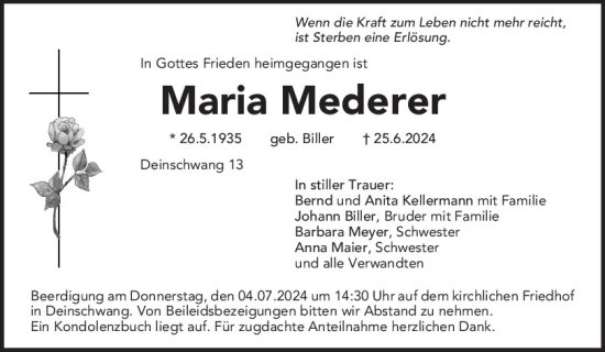 Traueranzeige von Maria Mederer von Neumarkter Tagblatt