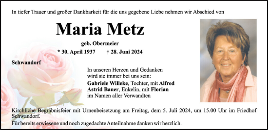 Traueranzeige von Maria Metz von Mittelbayerische Zeitung Schwandorf