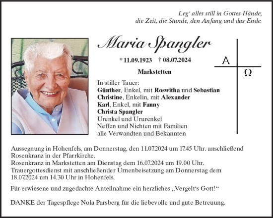 Traueranzeige von Maria Spangler von Neumarkter Tagblatt