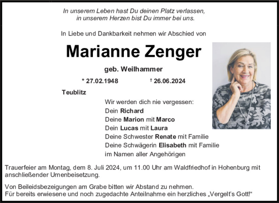 Traueranzeige von Marianne Zenger von Mittelbayerische Zeitung Schwandorf