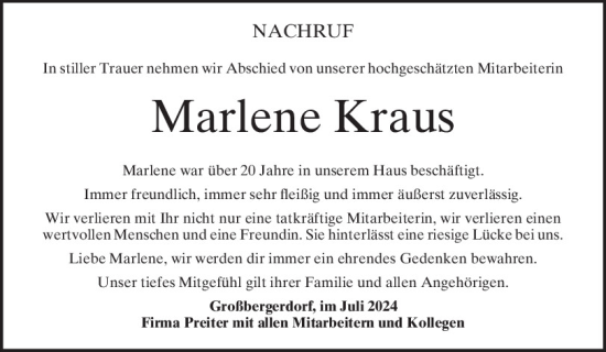 Traueranzeige von Marlene Kraus von Bayerwald Echo