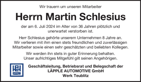 Traueranzeige von Martin Schlesius von Mittelbayerische Zeitung Schwandorf