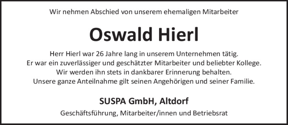  Traueranzeige für Oswald Hierl vom 10.07.2024 aus Neumarkter Tagblatt