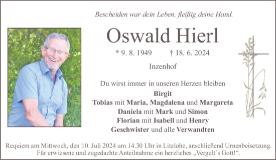 Traueranzeige von Oswald Hierl von Neumarkter Tagblatt