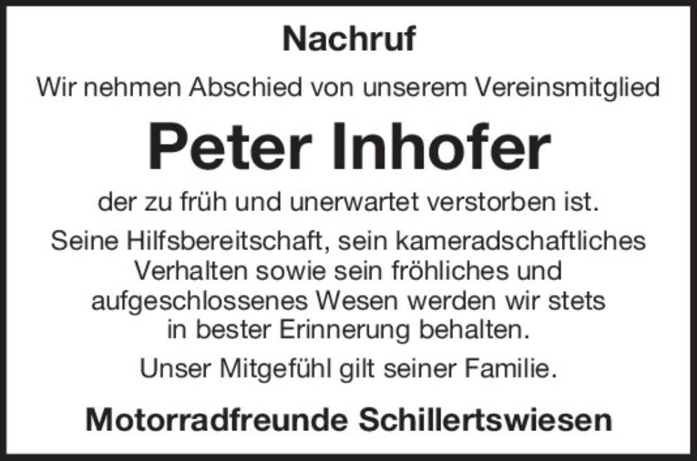  Traueranzeige für Peter Inhofer vom 06.07.2024 aus Bayerwald Echo