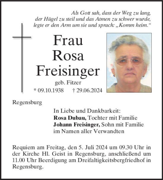 Traueranzeige von Rosa Freisinger von Mittelbayerische Zeitung Regensburg