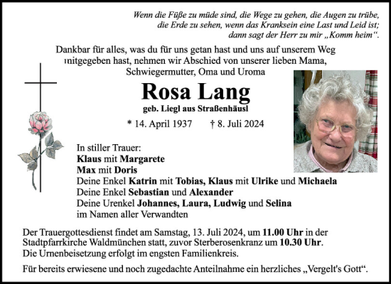 Traueranzeige von Rosa Lang von Bayerwald Echo