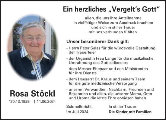 Traueranzeige von Rosa Stöckl von Neumarkter Tagblatt