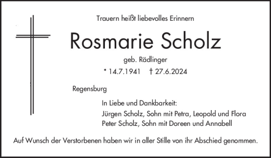 Traueranzeige von Rosmarie Scholz von Mittelbayerische Zeitung Regensburg