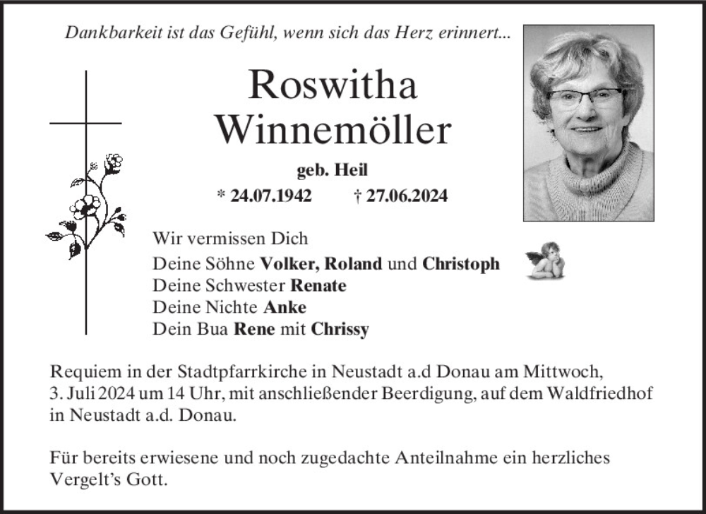  Traueranzeige für Roswitha Winnemöller vom 02.07.2024 aus Mittelbayerische Zeitung Kelheim