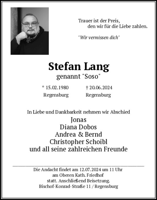 Traueranzeige von Stefan Lang von Mittelbayerische Zeitung Regensburg