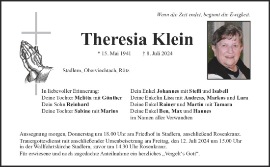 Traueranzeige von Theresia Klein von Bayerwald Echo